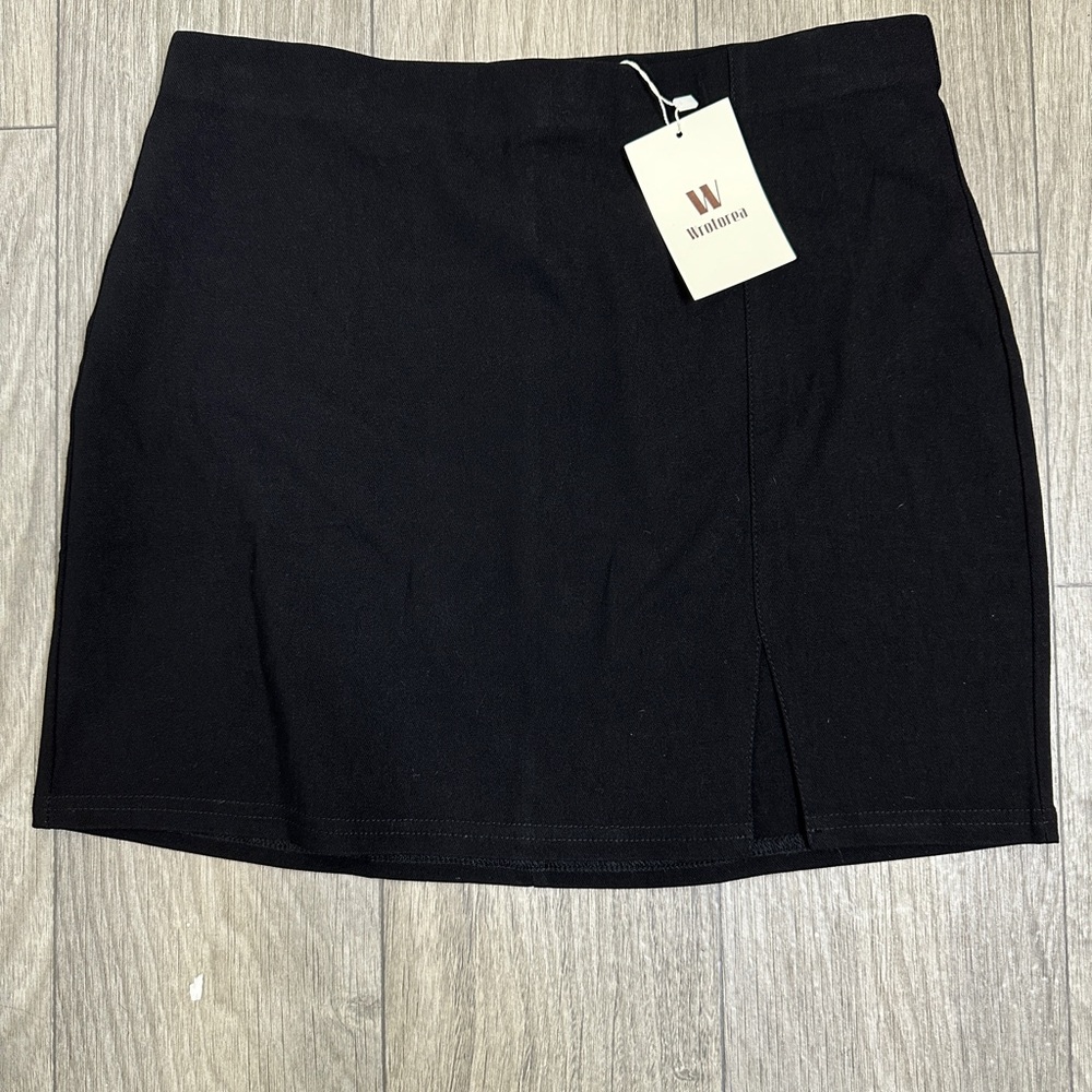 NWT Wrotorea Black Mini Skirt Wrap Front Slit Y2K Office Siren Size M